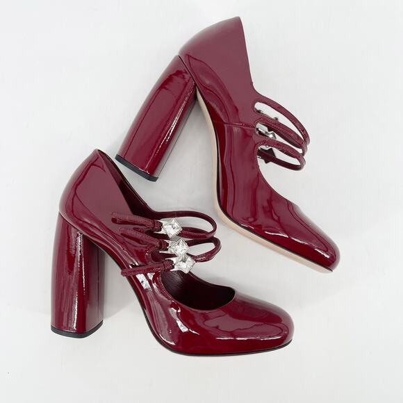Miu Miu Burgundy Patent Leather Crystal Strap Mary Jane Block Heel Pump IT 36 - Picture 3 of 13
